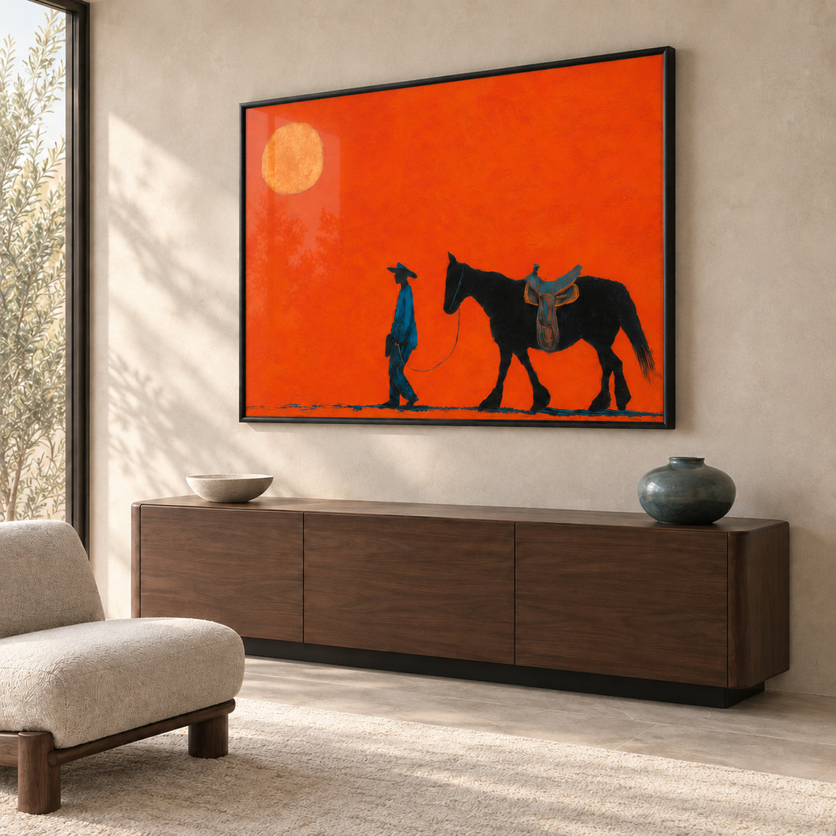 Angled view of Ember Trail cowboy and horse wall art, showing the slim black frame depth and subtle glass reflections.