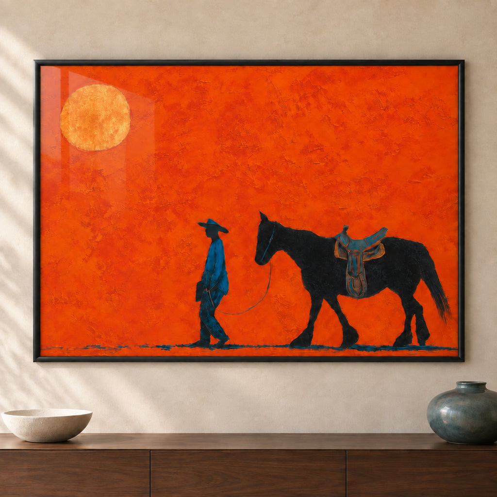 Frontal close-up of Ember Trail: a teal-clad cowboy leading a black horse beneath an ochre sun against vivid orange, printed behind glass.