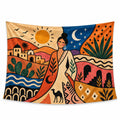 Desert Muse wall tapestry with an illustrated woman, sun and crescent moon, desert hills, arches, cacti and a camel in warm geometric shapes.