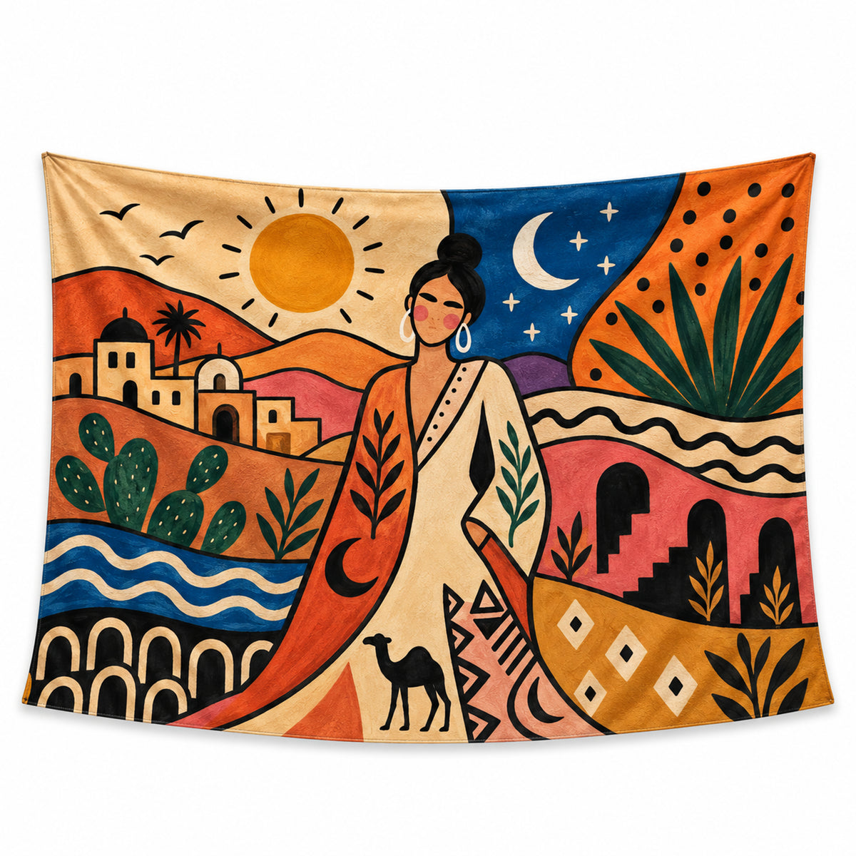 Desert Muse wall tapestry with an illustrated woman, sun and crescent moon, desert hills, arches, cacti and a camel in warm geometric shapes.
