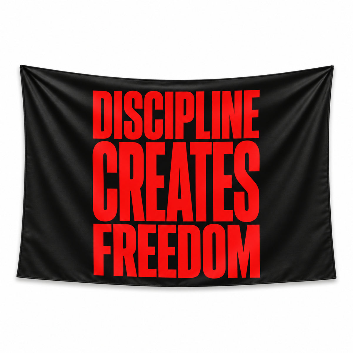 Black Discipline Creates Freedom wall tapestry with tall red lettering.