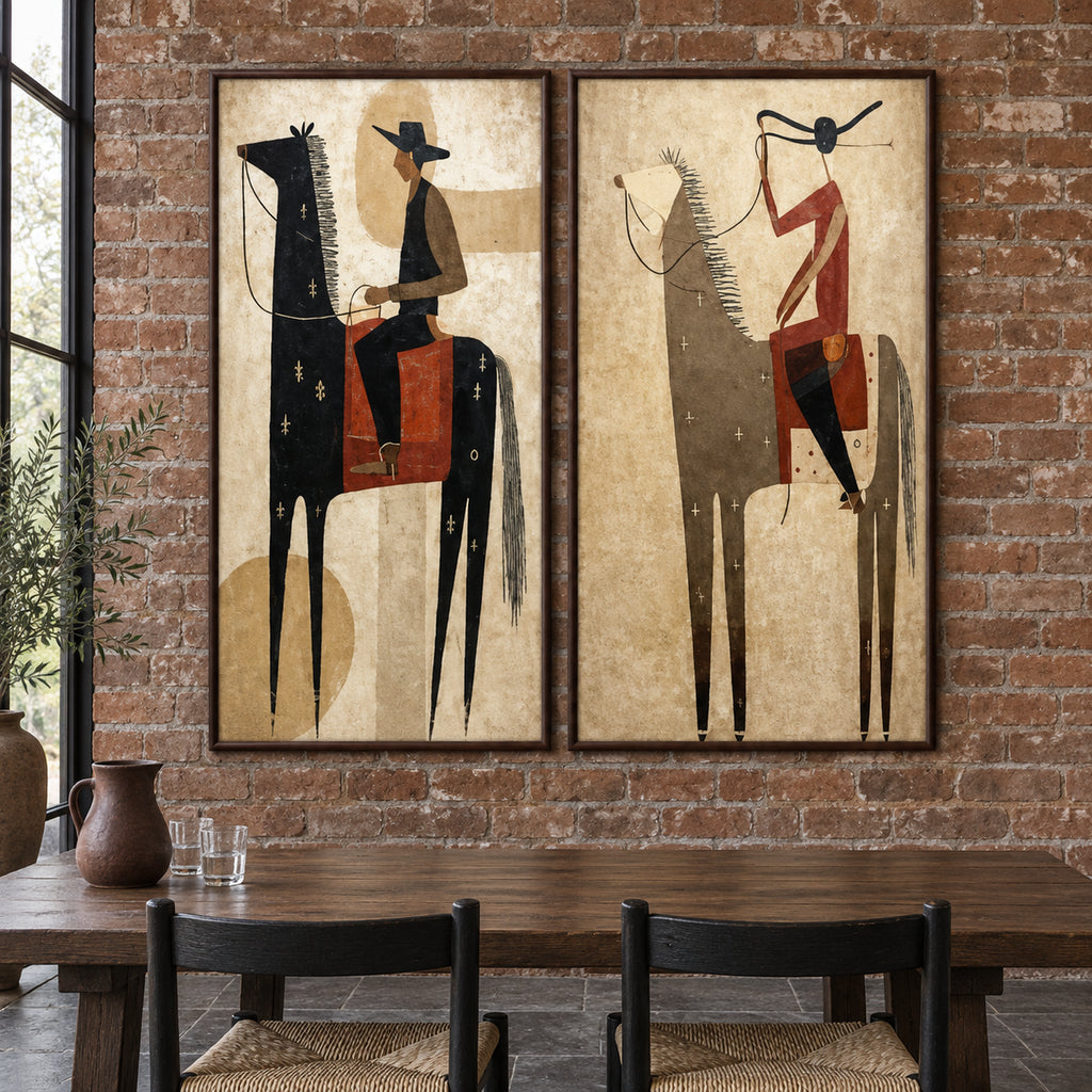 Front view of The Frontier Duet, two tall artworks of stylised riders on black and taupe horses in dark brown frames.