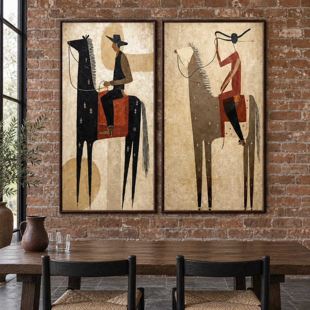 Front view of The Frontier Duet, two tall artworks of stylised riders on black and taupe horses in dark brown frames.