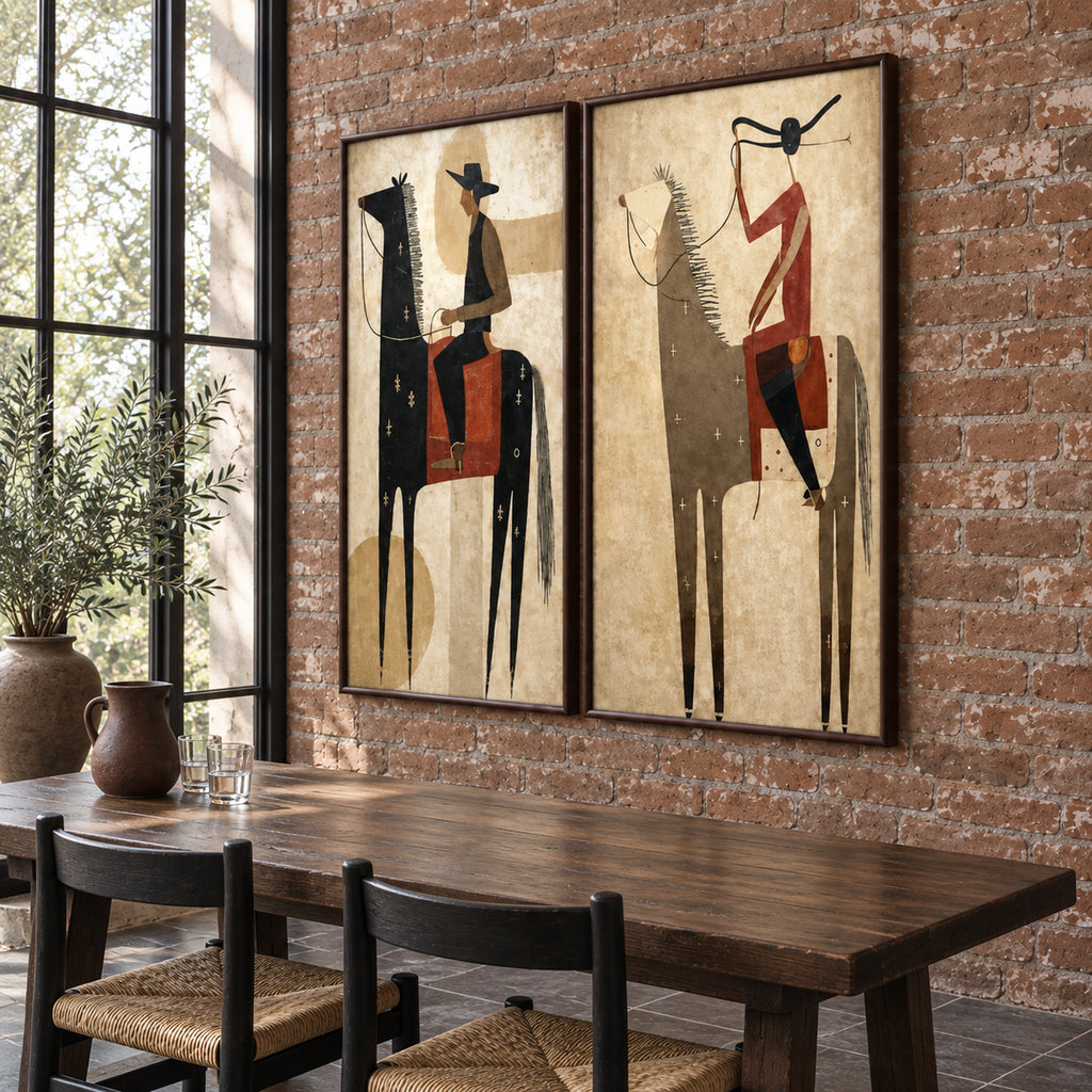 Angled view of The Frontier Duet showing both equestrian artworks and the depth of their dark brown frames on a brick wall.