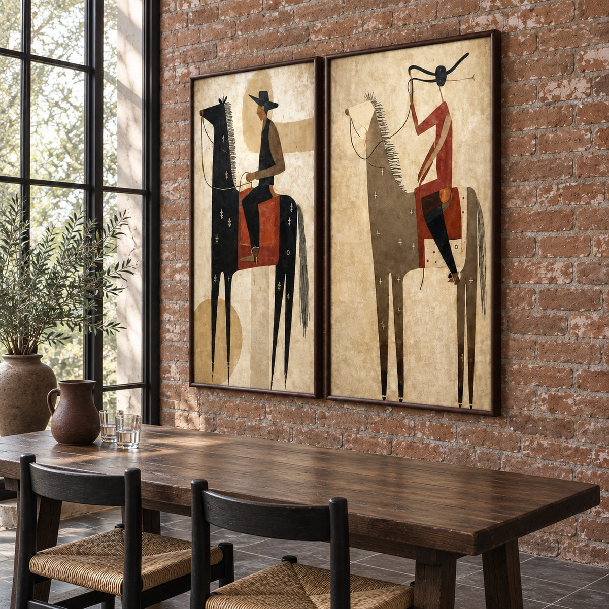 Angled view of The Frontier Duet showing both equestrian artworks and the depth of their dark brown frames on a brick wall.