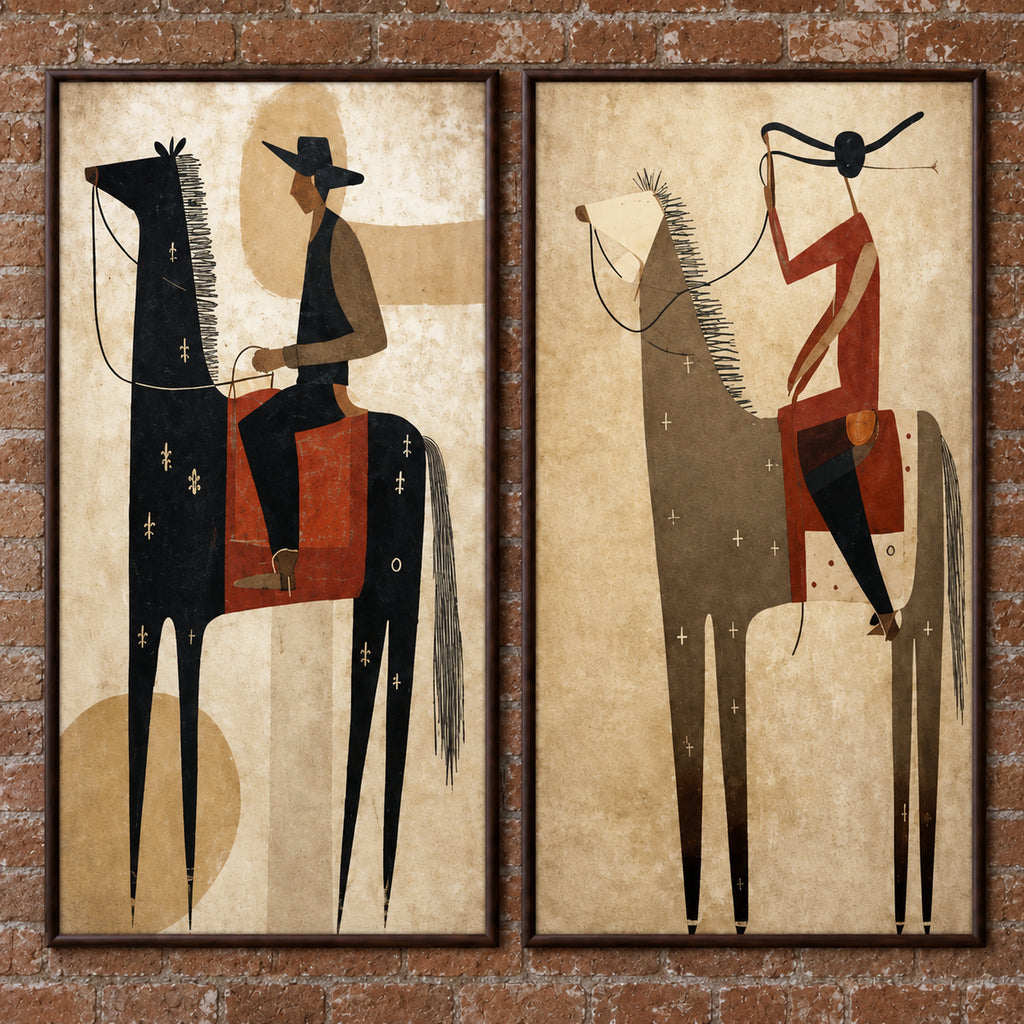 Artwork close-up of The Frontier Duet showing elongated horses, angular riders, rust-red accents and weathered ivory backgrounds.