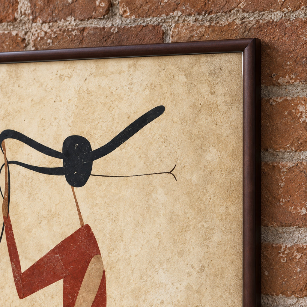 Frame detail of The Frontier Duet showing a dark brown corner beside the stylised rider and rust-red shapes on a textured ivory background.