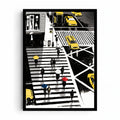 Fifth Avenue Rain artwork showing umbrella-carrying pedestrians, yellow taxis and bold black-and-white crosswalks in a rainy city.