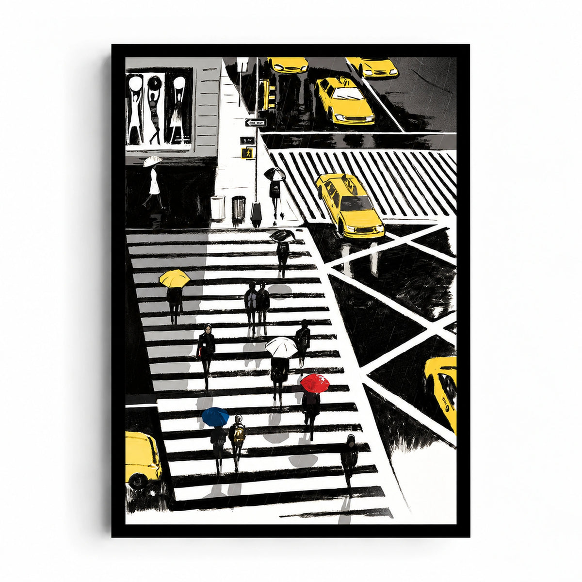 Fifth Avenue Rain artwork showing umbrella-carrying pedestrians, yellow taxis and bold black-and-white crosswalks in a rainy city.