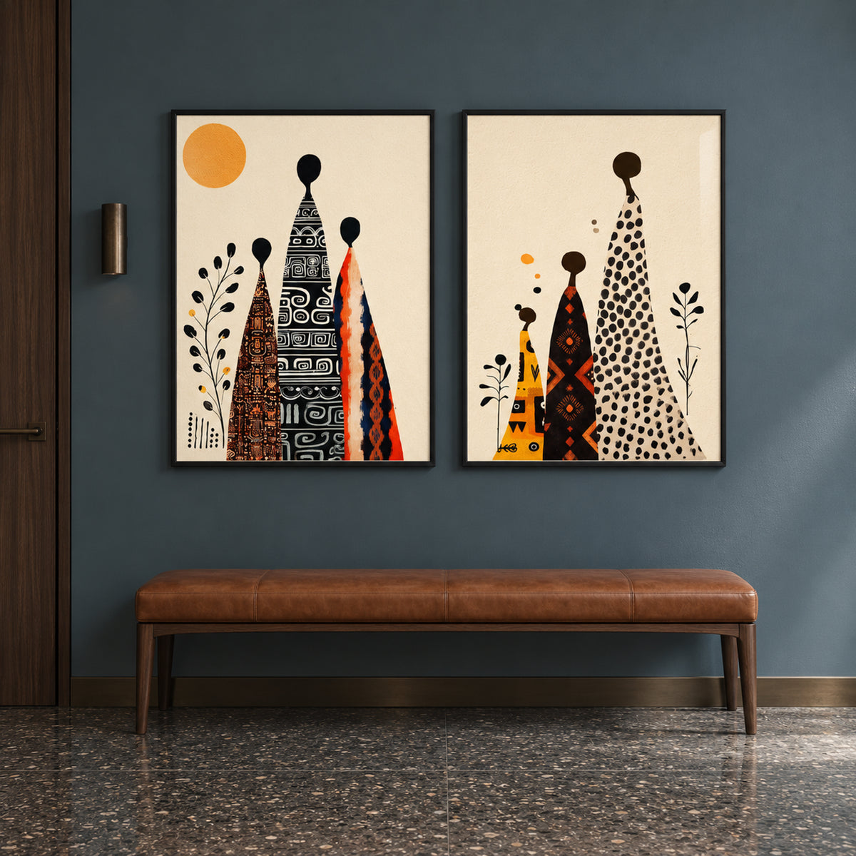 Front view of Kindred Rhythm: two black-framed artworks with patterned figures in black, ivory, ochre and rust, displayed above a brown bench.