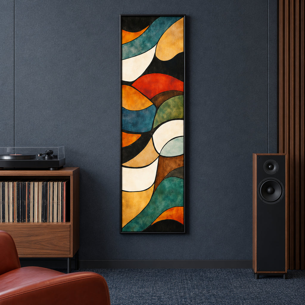 Front view of Amber Current, a tall abstract artwork with amber, teal, rust, olive and ivory curves in a black frame.