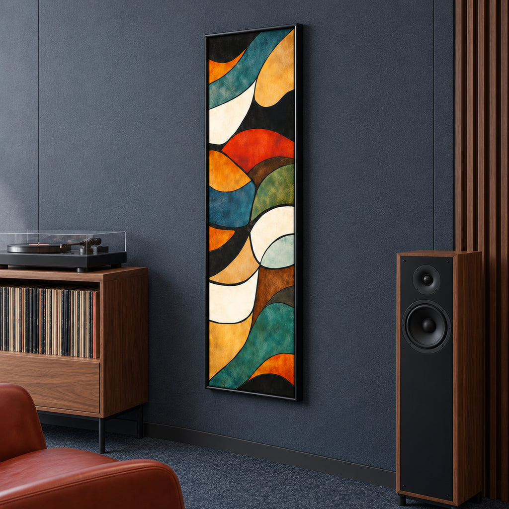 Angled view of Amber Current showing its slim black frame and flowing multicoloured abstract shapes on a dark wall.