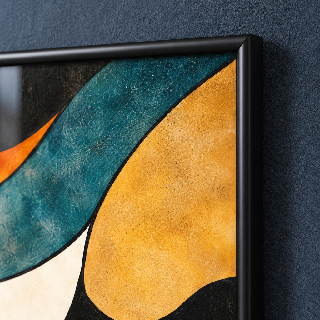 Detail of Amber Current's black frame corner beside textured teal, amber and ivory curves.