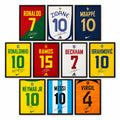 Football Icons ten-player poster set in black frames, arranged in a 3–4–3 layout with colourful names and shirt numbers including Ronaldo and Messi.