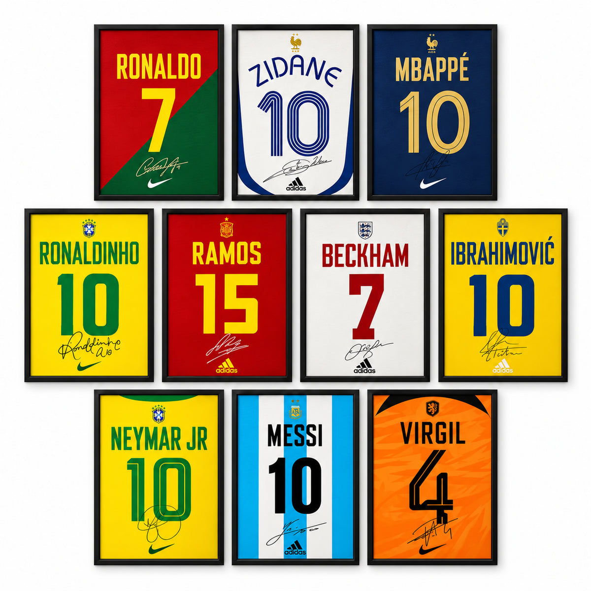 Football Icons ten-player poster set in black frames, arranged in a 3–4–3 layout with colourful names and shirt numbers including Ronaldo and Messi.