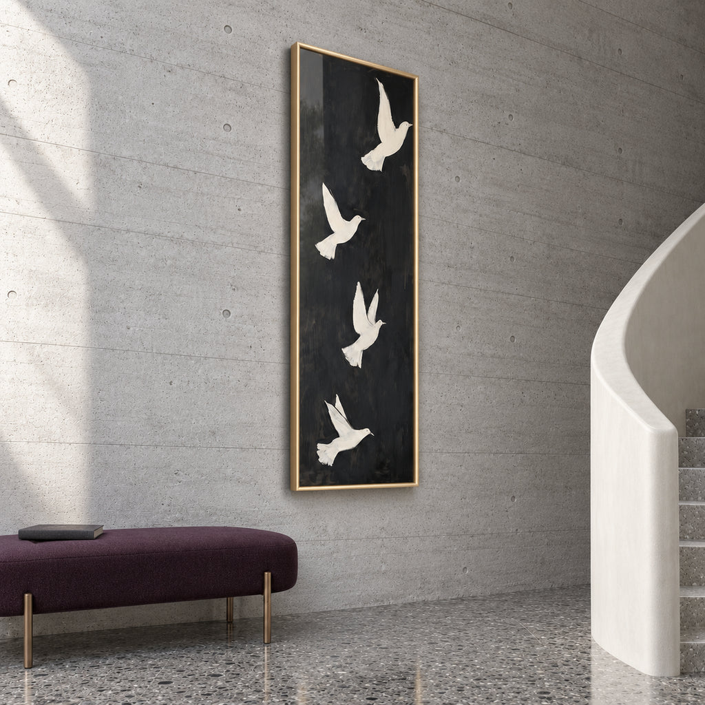 Angled view of Quiet Ascent showing the upper ivory doves against black and the depth of the gold frame.