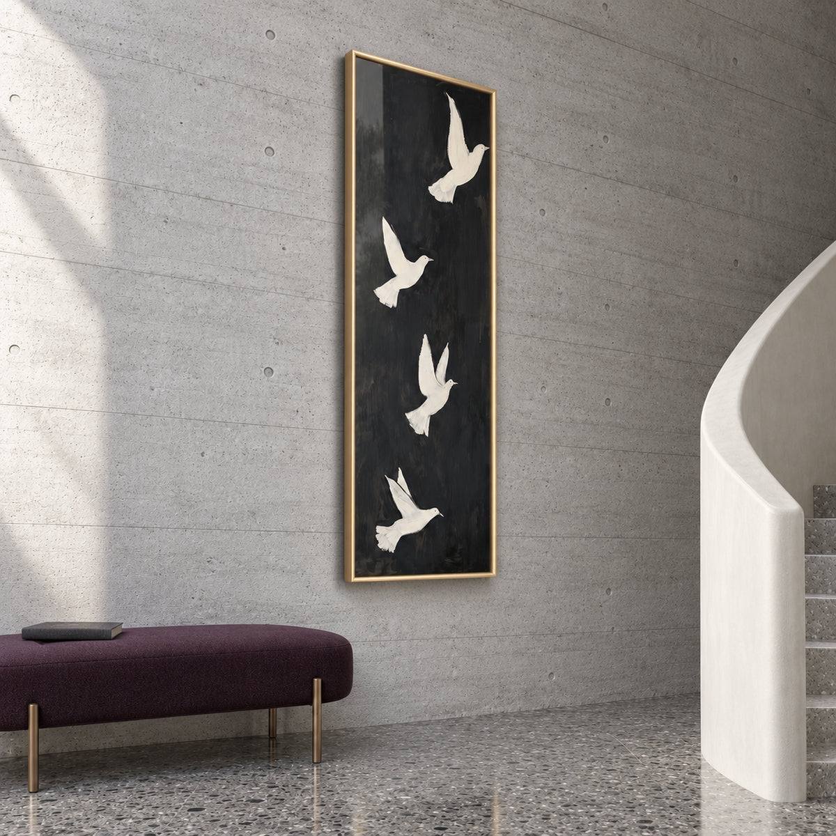 Angled view of Quiet Ascent showing the upper ivory doves against black and the depth of the gold frame.