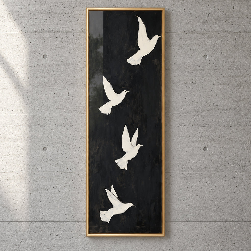 Artwork close-up of Quiet Ascent showing four ivory doves in different flight poses and painterly textures against a black background.