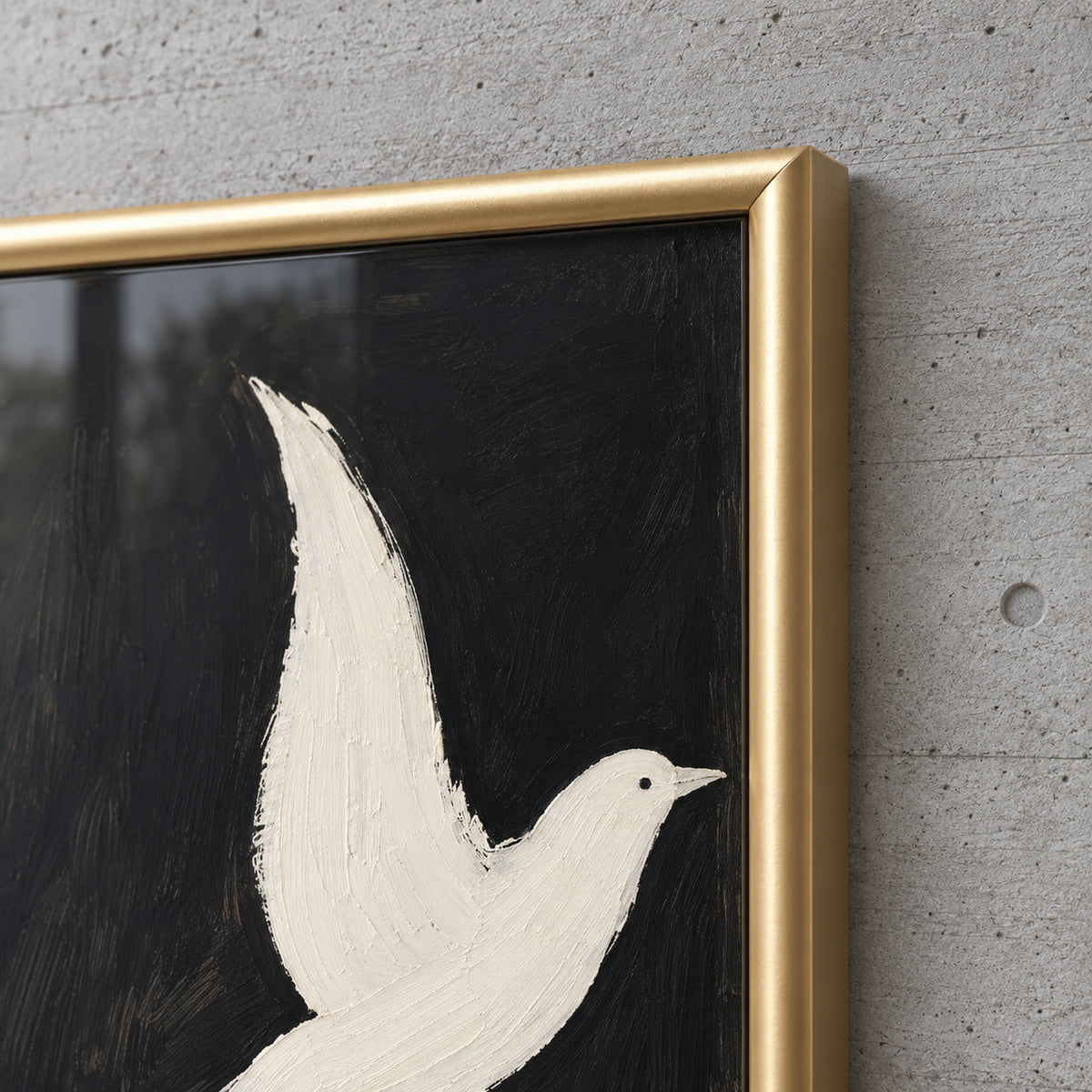 Quiet Ascent frame detail showing the gold corner and the painterly ivory wing and head of a dove against black.