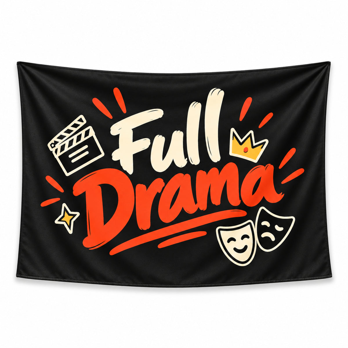 Black Full Drama wall tapestry with cream and orange lettering, a clapperboard, crown and theatre masks.