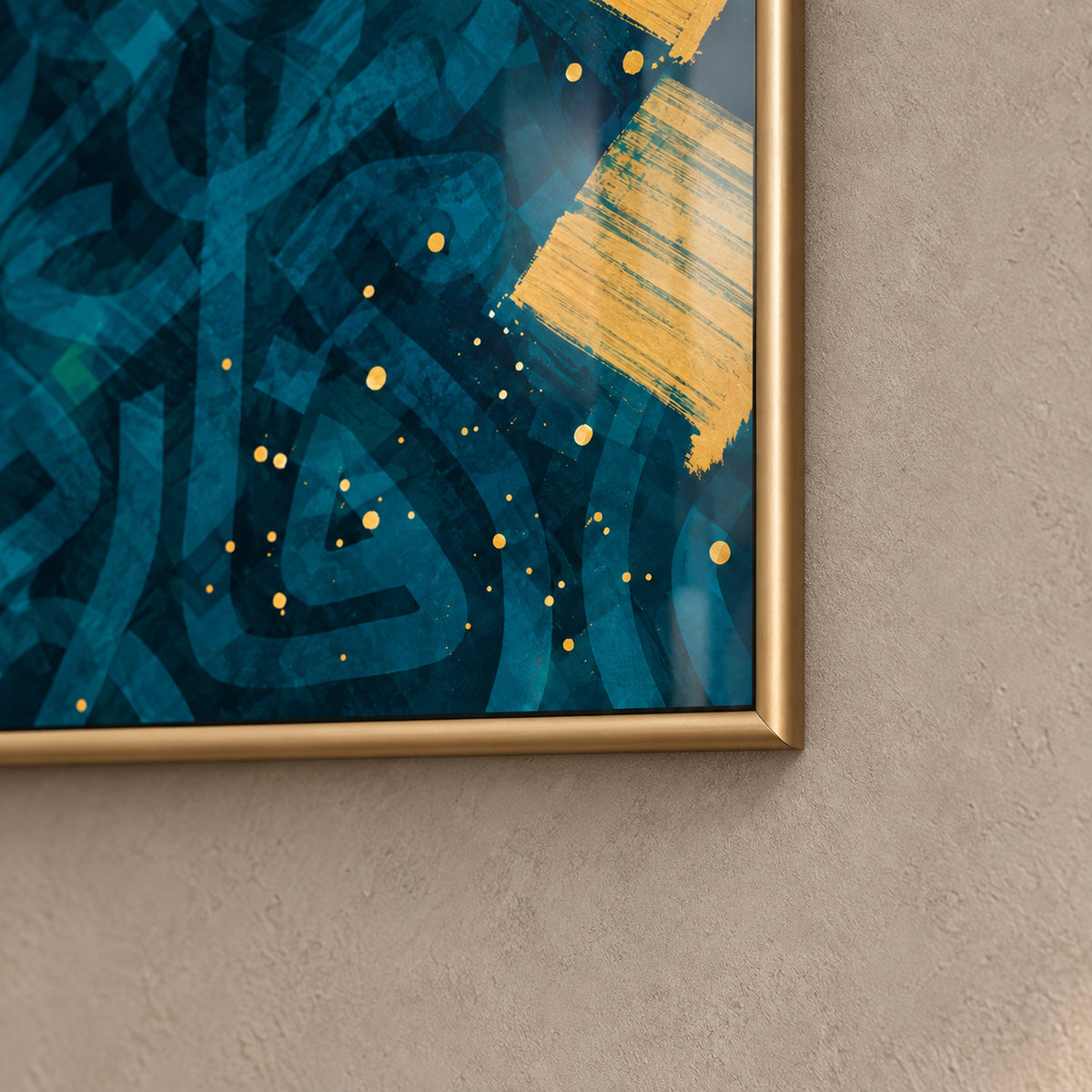 Gilded Rhythm corner detail showing the rounded satin-gold wooden frame, miter joint and glass over the teal and gold printed design.