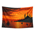Golden Passage wall tapestry with silhouetted mosque domes, minarets, sailboats and birds against an orange sunset over water.
