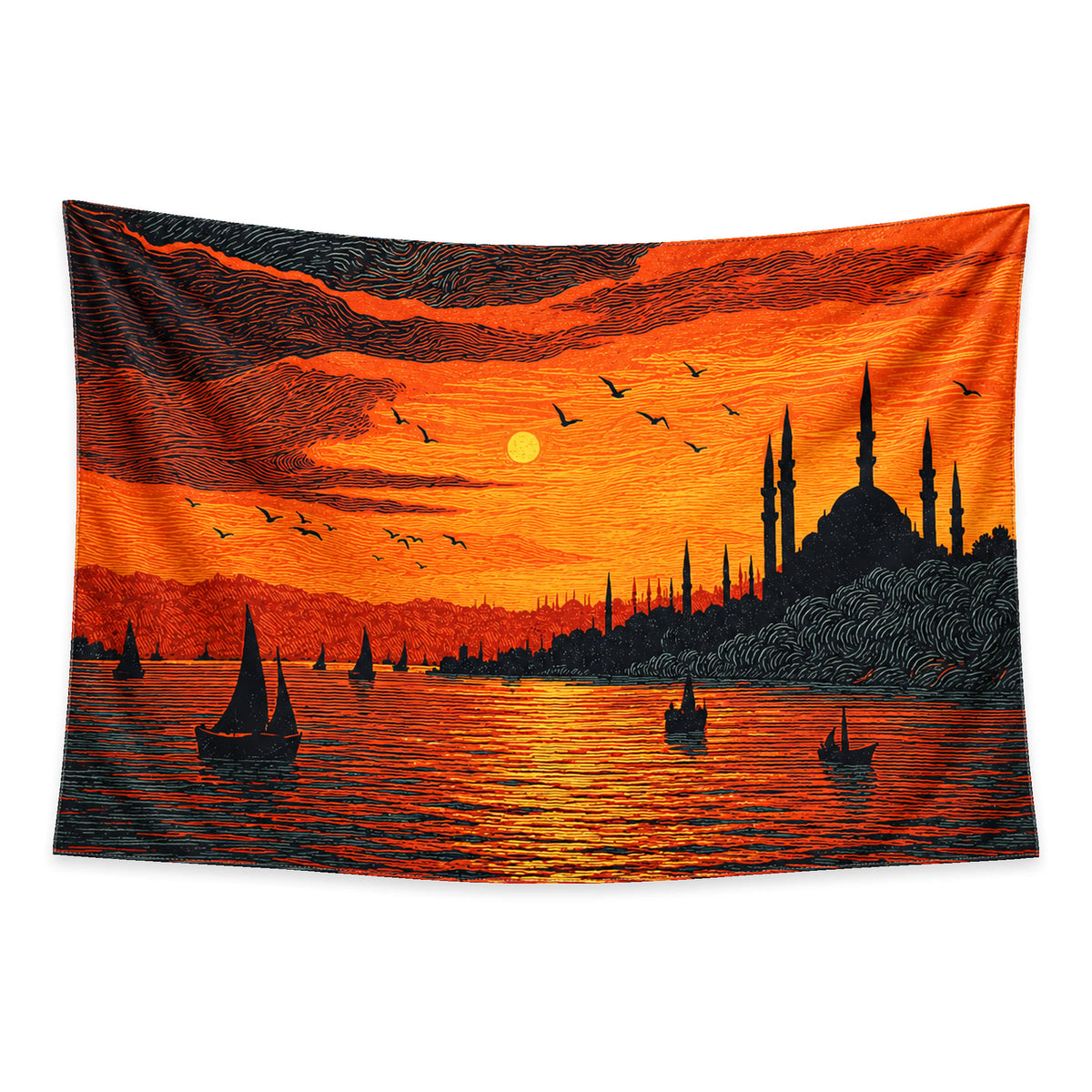 Golden Passage wall tapestry with silhouetted mosque domes, minarets, sailboats and birds against an orange sunset over water.