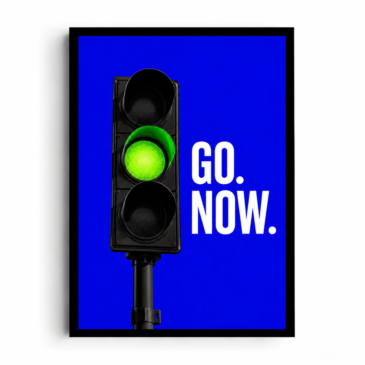 Green Light artwork showing an illuminated green traffic signal beside white GO. NOW. lettering on electric blue.