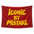 Red Iconic by Mistake wall tapestry with yellow lettering and a paisley pattern.