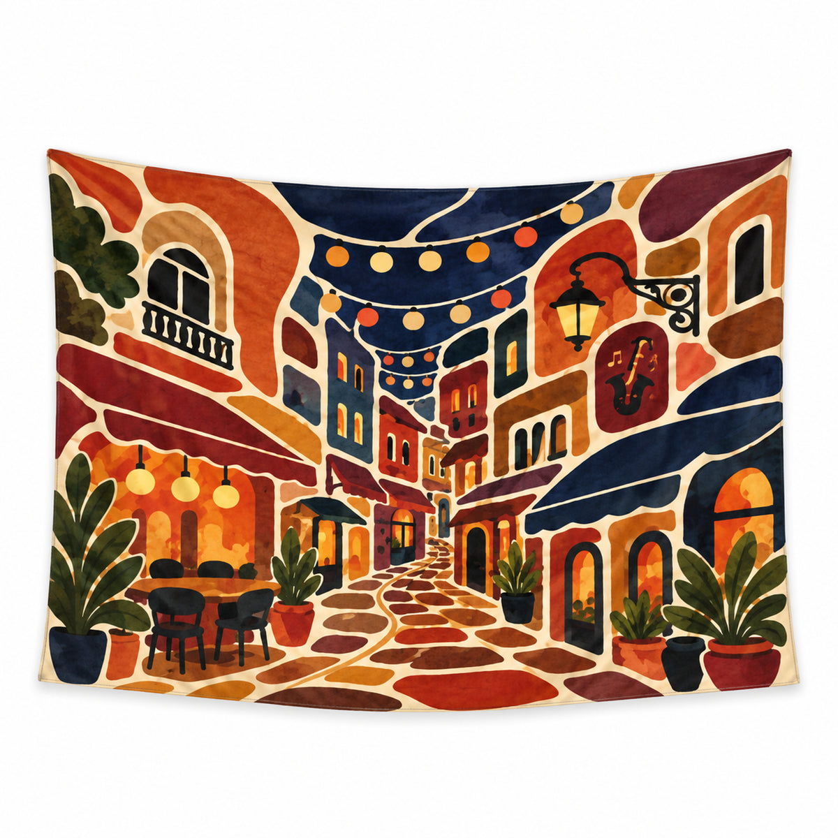 Lantern Lane wall tapestry with a winding café street, overhead string lights, a wall lantern, warm buildings and potted plants.