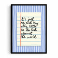 Cream notebook paper on blue stripes reads: it’s just me and my silly little to-do list against the world.