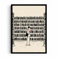 Lost in a Book artwork showing a reader with a shoulder bag holding a red book among black-lined library shelves on cream.