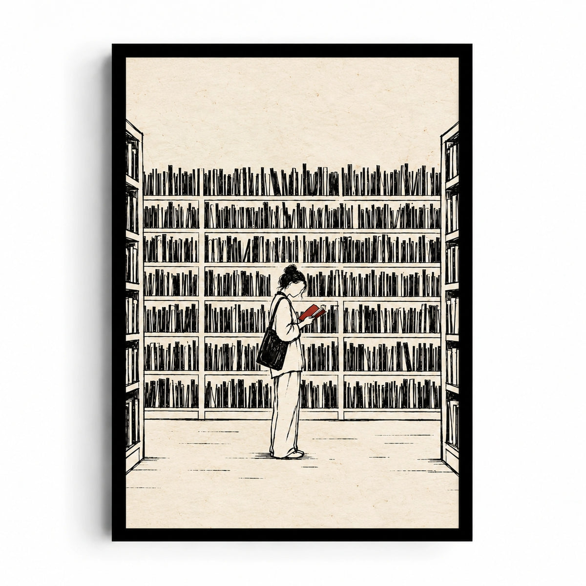Lost in a Book artwork showing a reader with a shoulder bag holding a red book among black-lined library shelves on cream.