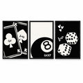 Lucky Charm set of three black frames with black-and-white playing cards, an eight-ball and illustrated dice with hearts.