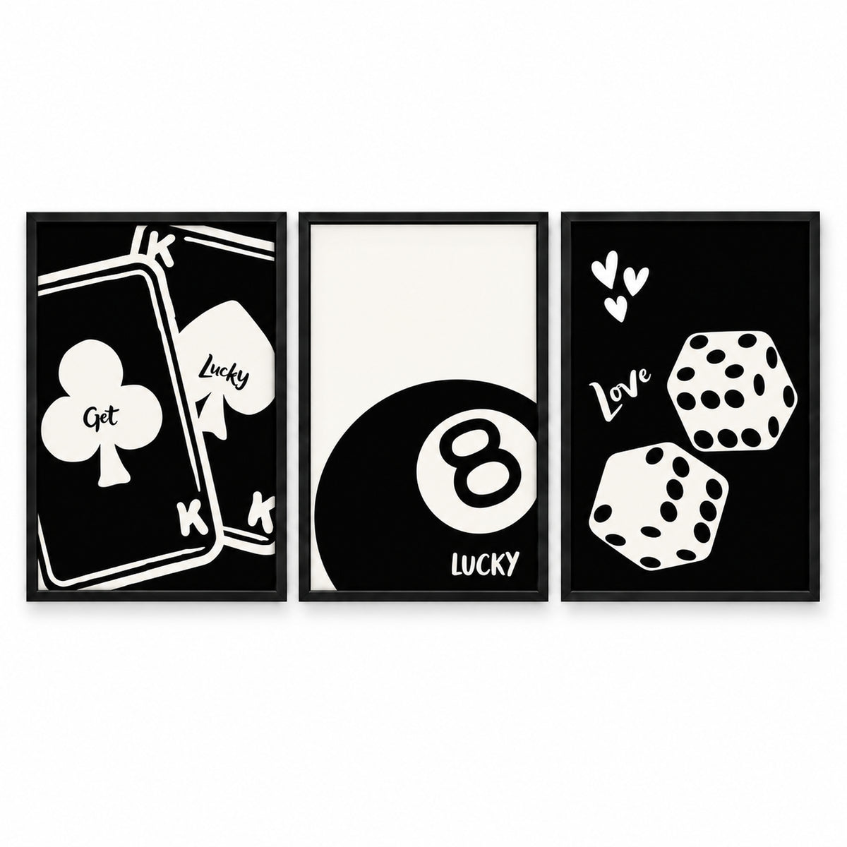 Lucky Charm set of three black frames with black-and-white playing cards, an eight-ball and illustrated dice with hearts.
