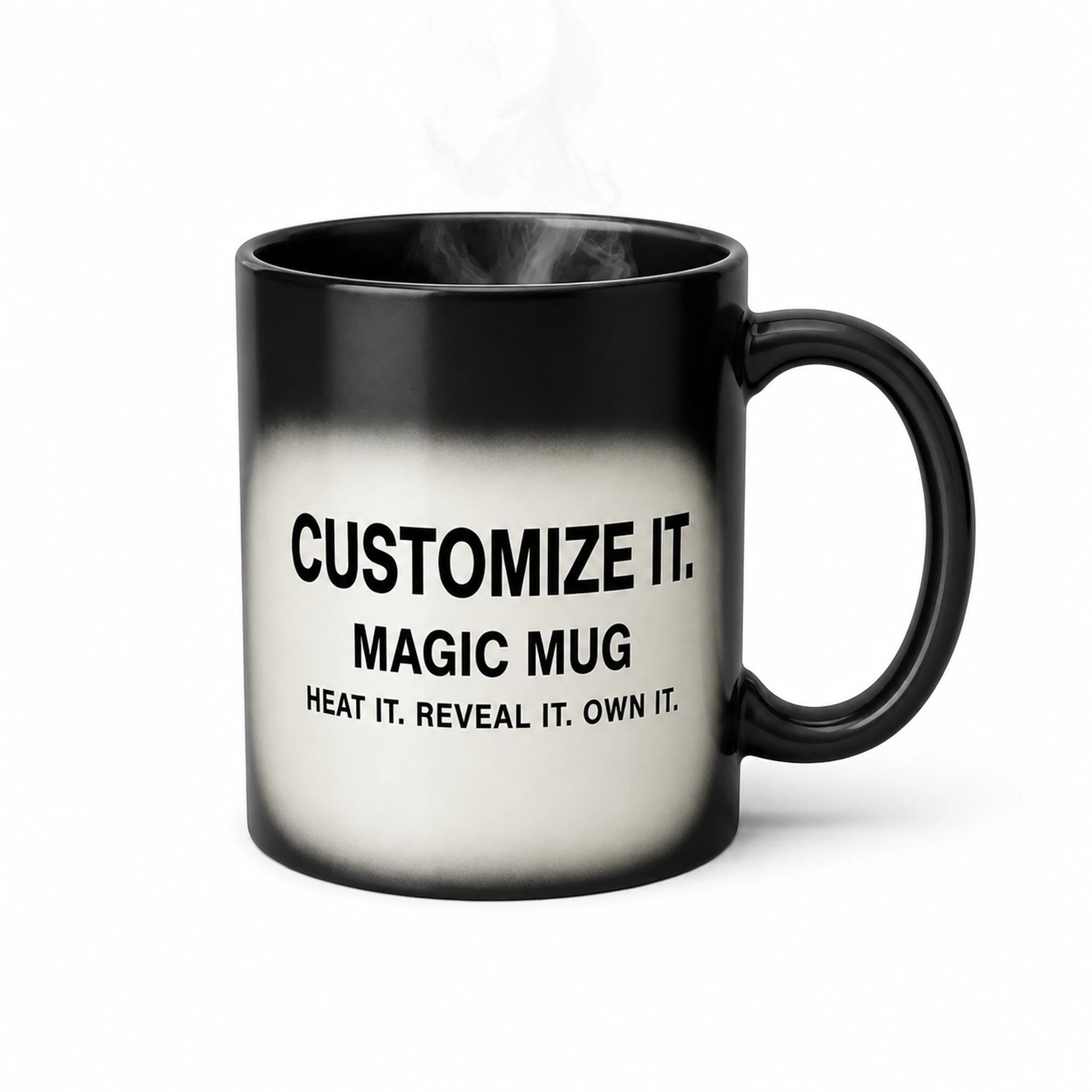 Custom magic color-changing mug revealing a printed design when filled with a hot drink