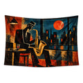 Midnight Brass wall tapestry showing a jazz saxophonist with a gold saxophone beneath an orange moon and teal city skyline.