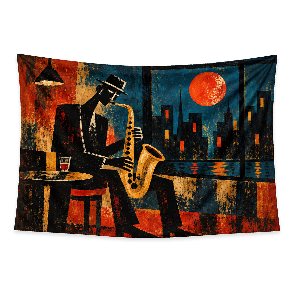 Midnight Brass wall tapestry showing a jazz saxophonist with a gold saxophone beneath an orange moon and teal city skyline.
