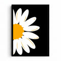Midnight Daisy artwork showing a large cropped white daisy with a golden-yellow center against a solid black background.