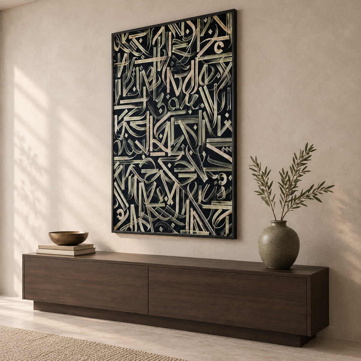 Angled view of Midnight Script showing the complete portrait calligraphy artwork, thin satin-black frame and frame depth against a warm plaster wall.