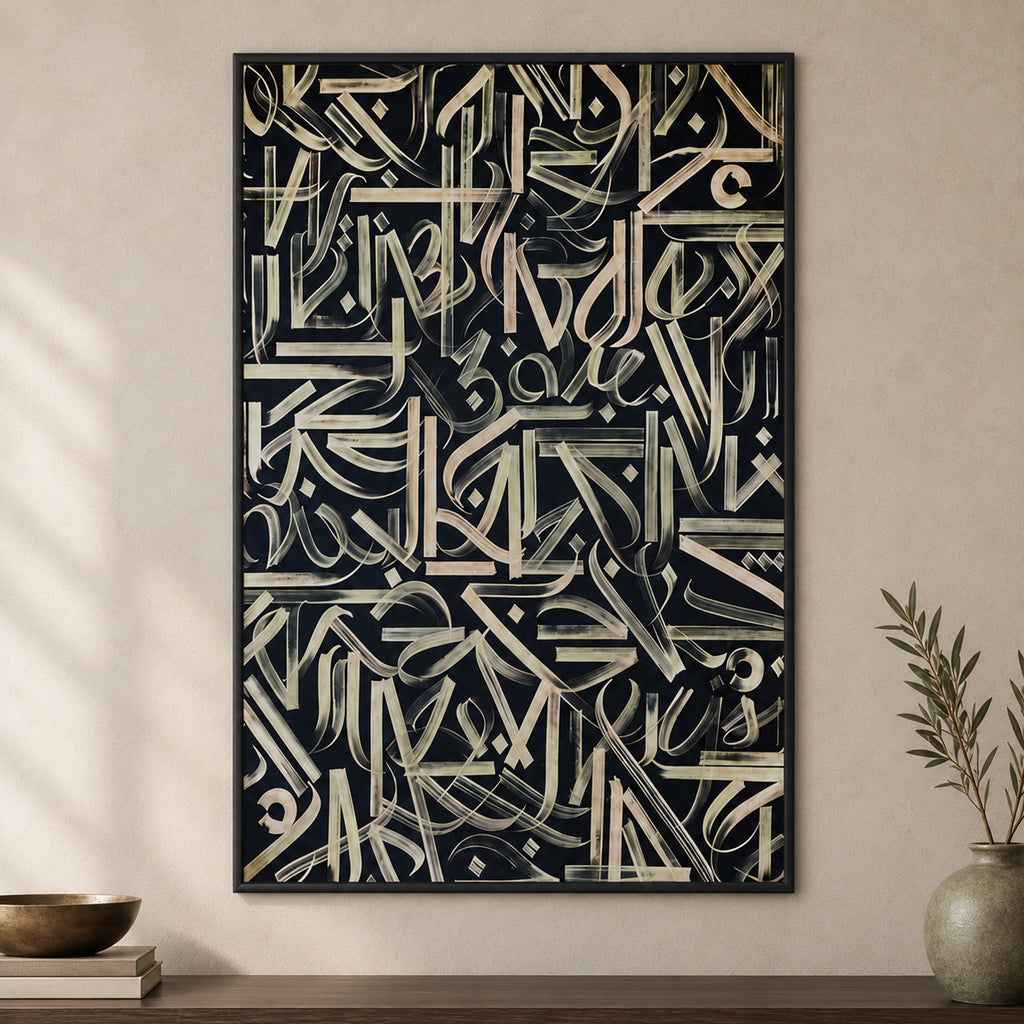 Close frontal view of Midnight Script with interwoven gold, cream and olive-toned Arabic letterforms on a dark background, showing all four black frame edges.