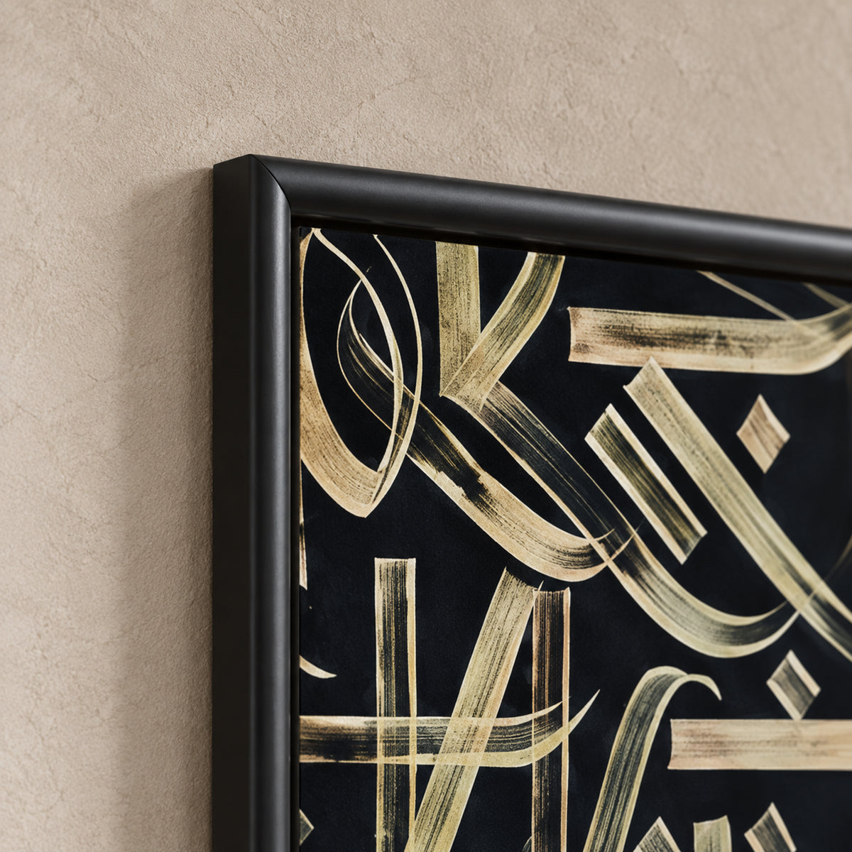 Midnight Script frame detail showing the top-left miter joint, gently rounded satin-black molding and adjacent gold-toned calligraphy behind glass.