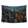 Midnight Village wall tapestry with clustered dark rooftops, warm amber windows and a glowing clock tower beneath a cloudy sky.