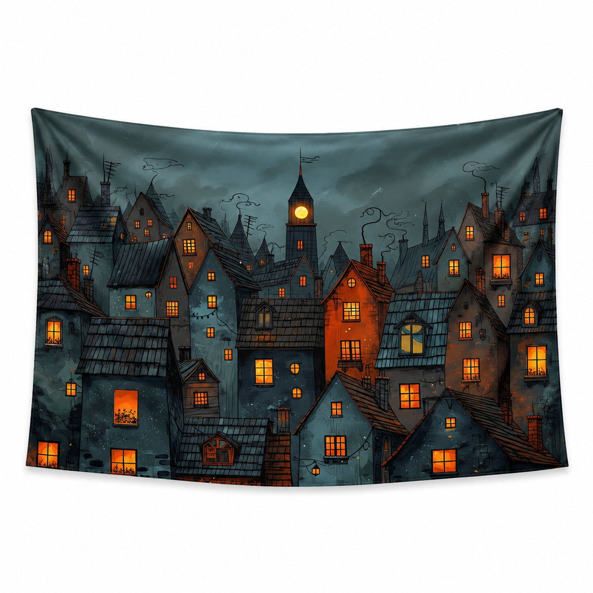 Midnight Village wall tapestry with clustered dark rooftops, warm amber windows and a glowing clock tower beneath a cloudy sky.