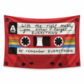 Rewind Effect wall tapestry showing a red cassette, rainbow stripes and a handwritten quote about music and memory.