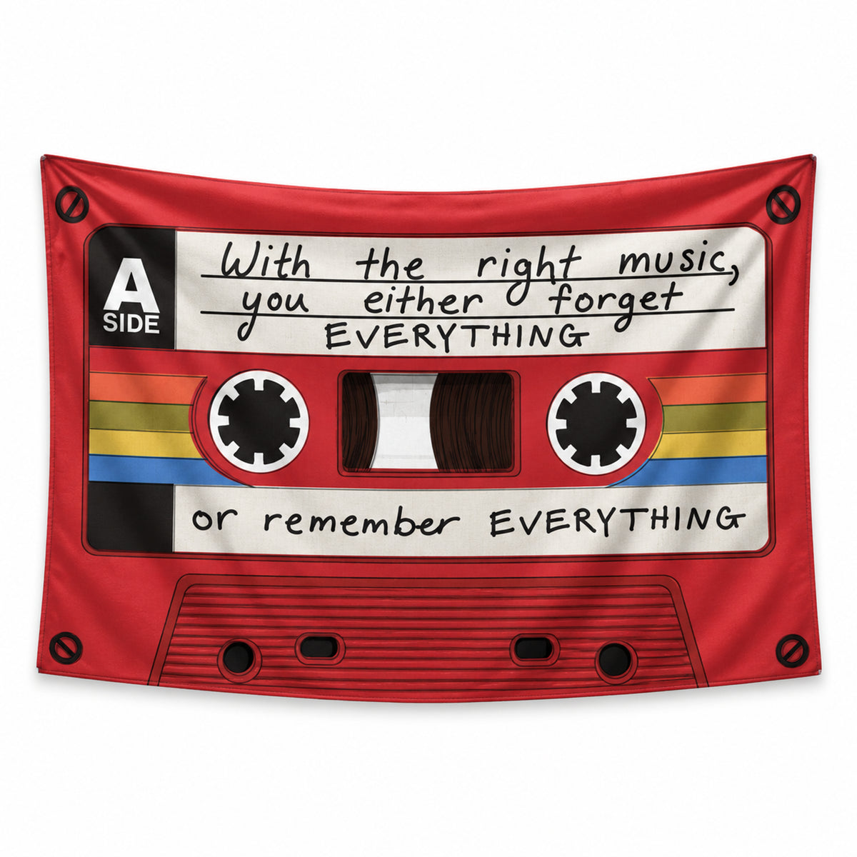 Rewind Effect wall tapestry showing a red cassette, rainbow stripes and a handwritten quote about music and memory.