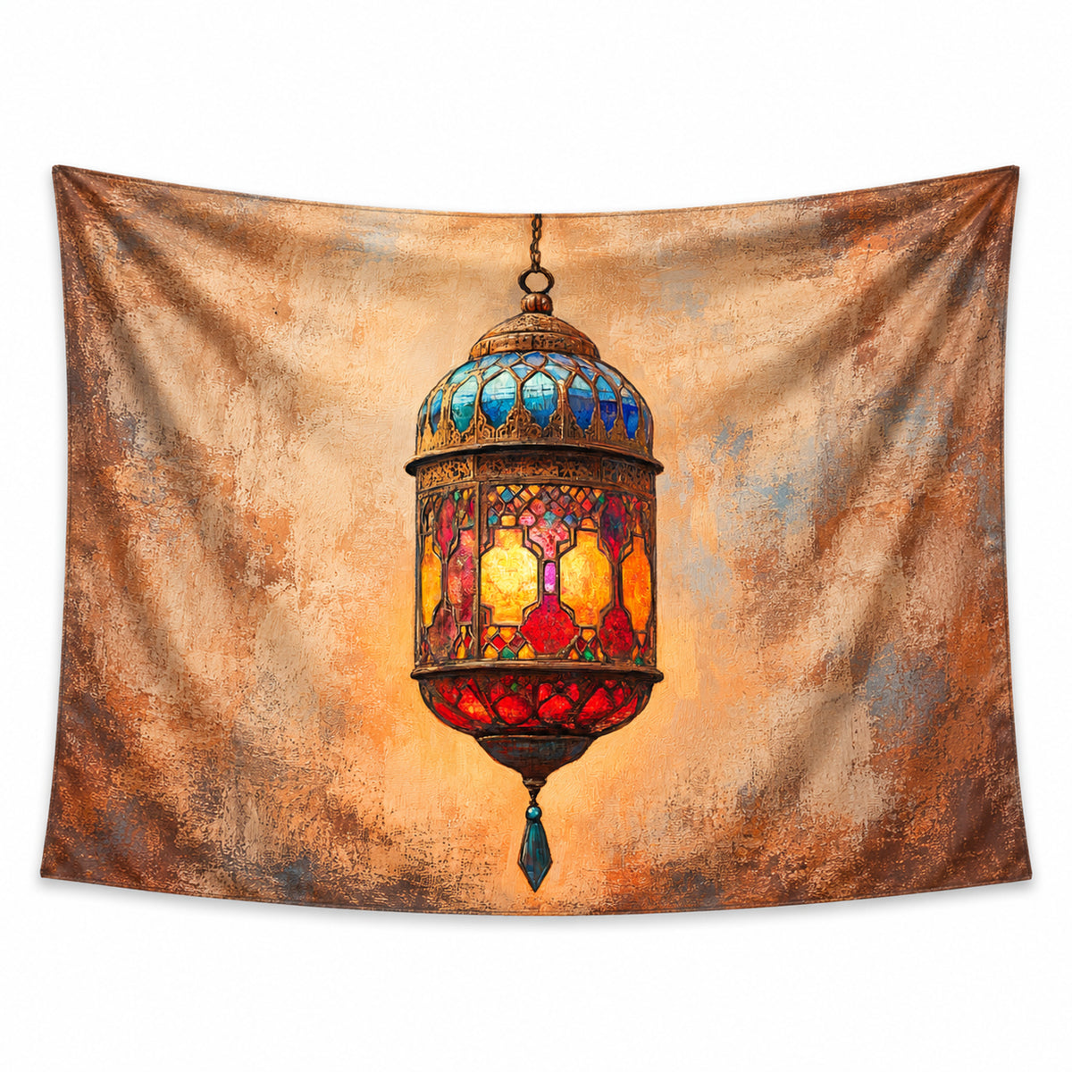 Mosaic Glow wall tapestry with an ornate hanging lantern in red, amber and blue glass against a warm textured beige background.