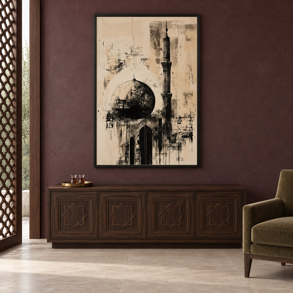 Front view of The Silent Minaret black-framed wall art, showing a mosque dome and tall minaret in black and ivory above a wooden sideboard.