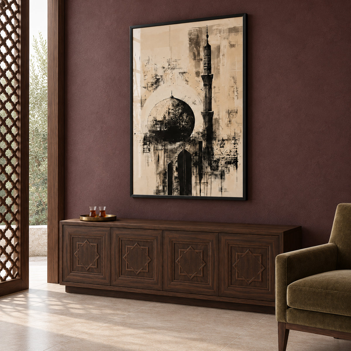 Angled view of The Silent Minaret portrait wall art in a slim black frame, displayed above a carved wooden sideboard.