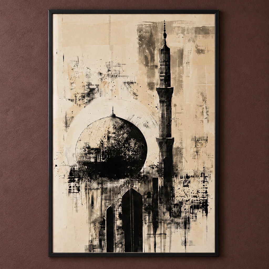 Artwork close-up of The Silent Minaret, with a mosque dome, slender minaret and pointed arches in expressive black and grey marks on warm ivory.